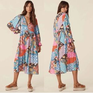 Spell & the Gypsy Bohemian Patchwork 70s Cha Cha Maxi Dress in Jewel Print Sz M